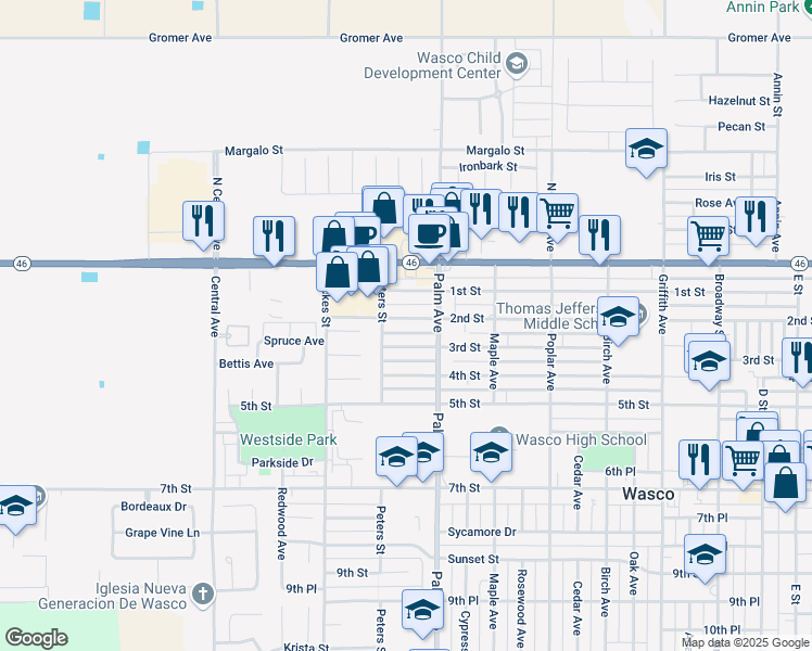 map of restaurants, bars, coffee shops, grocery stores, and more near 2209 2nd Street in Wasco