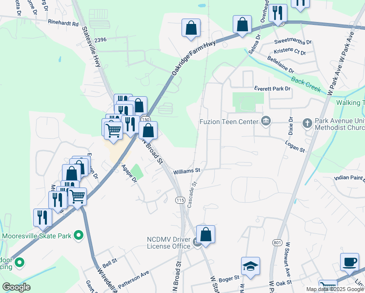 map of restaurants, bars, coffee shops, grocery stores, and more near 601 Williams Street in Mooresville
