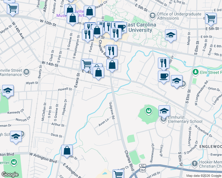 map of restaurants, bars, coffee shops, grocery stores, and more near 1526 South Charles Boulevard in Greenville