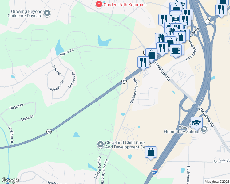map of restaurants, bars, coffee shops, grocery stores, and more near 6101 North Carolina 42 in Garner