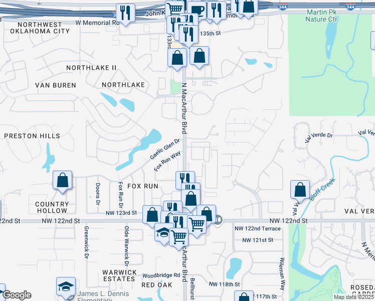map of restaurants, bars, coffee shops, grocery stores, and more near 12710 North MacArthur Boulevard in Oklahoma City