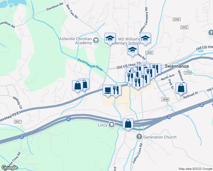 map of restaurants, bars, coffee shops, grocery stores, and more near 2288 U.S. 70 in Swannanoa