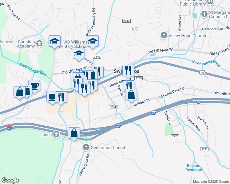 map of restaurants, bars, coffee shops, grocery stores, and more near 99999 Harrison Avenue in Swannanoa