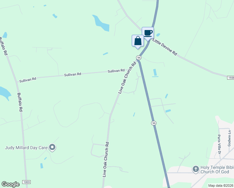 map of restaurants, bars, coffee shops, grocery stores, and more near 1325 Live Oak Church Road in Selma