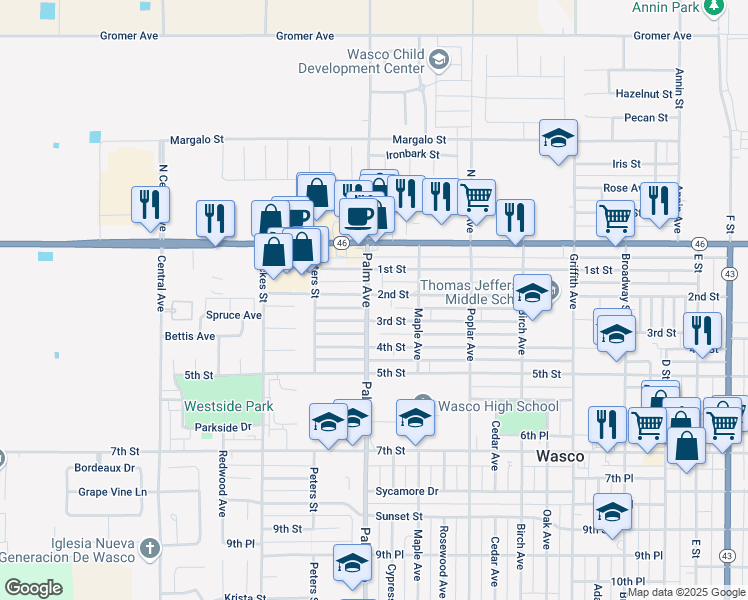 map of restaurants, bars, coffee shops, grocery stores, and more near 302 Palm Avenue in Wasco