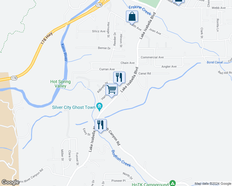 map of restaurants, bars, coffee shops, grocery stores, and more near 4009 Lake Isabella Boulevard in Bodfish