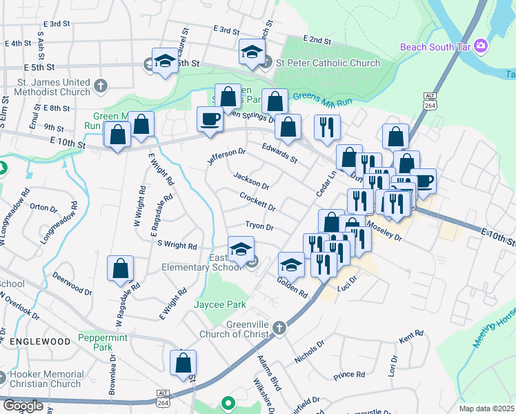 map of restaurants, bars, coffee shops, grocery stores, and more near 2702 Crockett Drive in Greenville