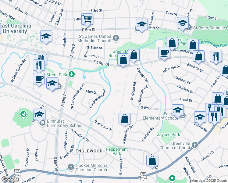map of restaurants, bars, coffee shops, grocery stores, and more near 105 Eric Court in Greenville