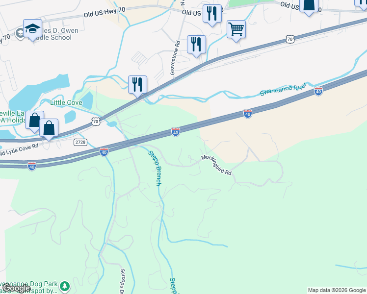 map of restaurants, bars, coffee shops, grocery stores, and more near 218 Max Metcalf Road in Swannanoa