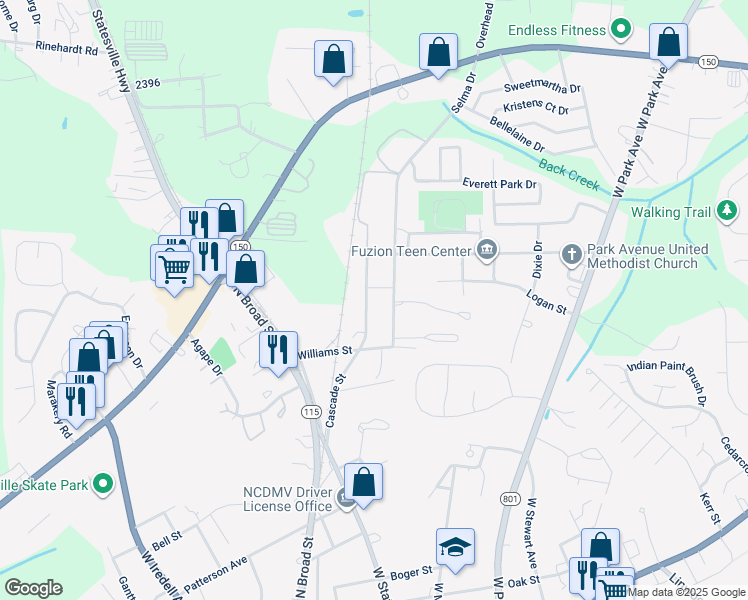 map of restaurants, bars, coffee shops, grocery stores, and more near 9 Brushwood Road in Mooresville