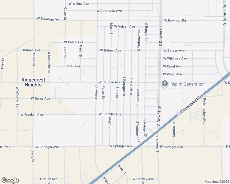 map of restaurants, bars, coffee shops, grocery stores, and more near 1329 Sims Street in Ridgecrest