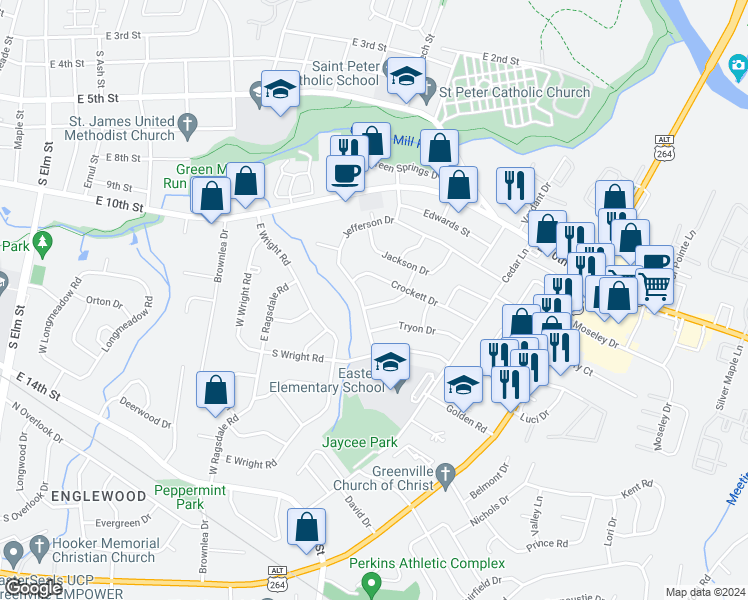 map of restaurants, bars, coffee shops, grocery stores, and more near 1408 Polk Avenue in Greenville