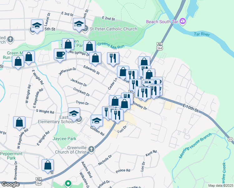 map of restaurants, bars, coffee shops, grocery stores, and more near 102 Alexander Circle in Greenville