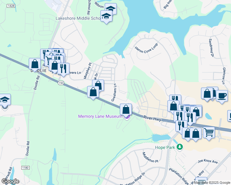 map of restaurants, bars, coffee shops, grocery stores, and more near 796 River Highway in Mooresville