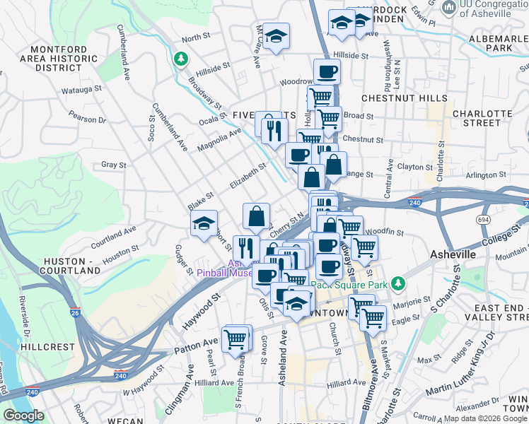 map of restaurants, bars, coffee shops, grocery stores, and more near 54 Starnes Avenue in Asheville