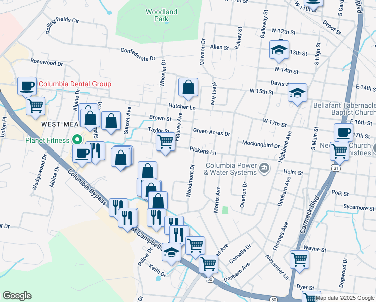 map of restaurants, bars, coffee shops, grocery stores, and more near 513 Pickens Lane in Columbia