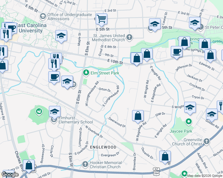 map of restaurants, bars, coffee shops, grocery stores, and more near 233 Orton Drive in Greenville