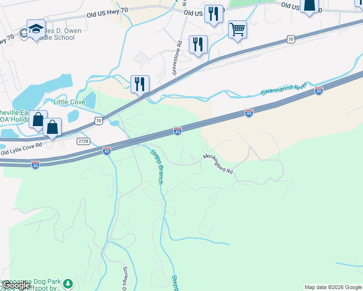 map of restaurants, bars, coffee shops, grocery stores, and more near 218 Max Metcalf Road in Swannanoa