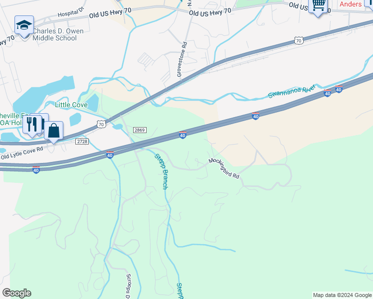 map of restaurants, bars, coffee shops, grocery stores, and more near 218 Max Metcalf Road in Swannanoa