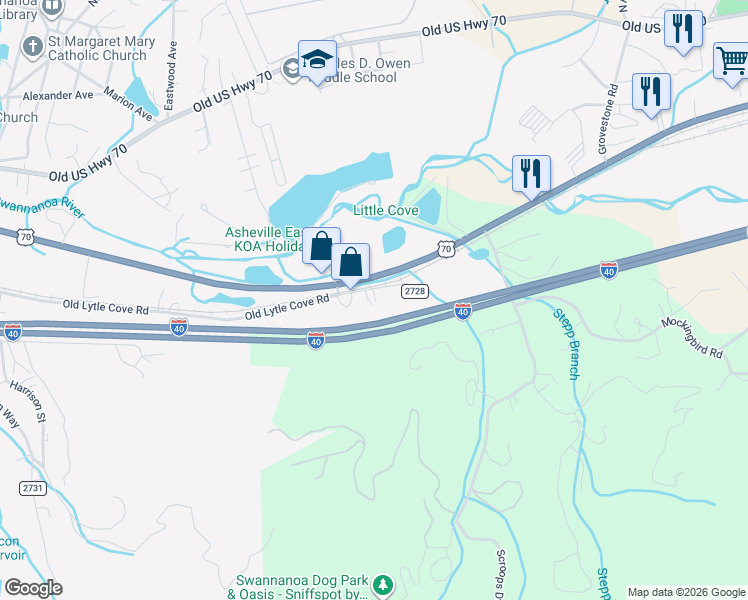 map of restaurants, bars, coffee shops, grocery stores, and more near 630 Old Lytle Cove Rd in Swannanoa