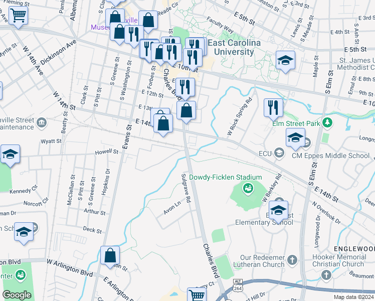 map of restaurants, bars, coffee shops, grocery stores, and more near 1501 South Charles Boulevard in Greenville