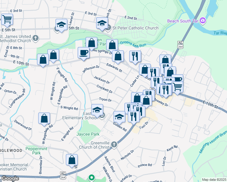 map of restaurants, bars, coffee shops, grocery stores, and more near 2711 Crockett Drive in Greenville