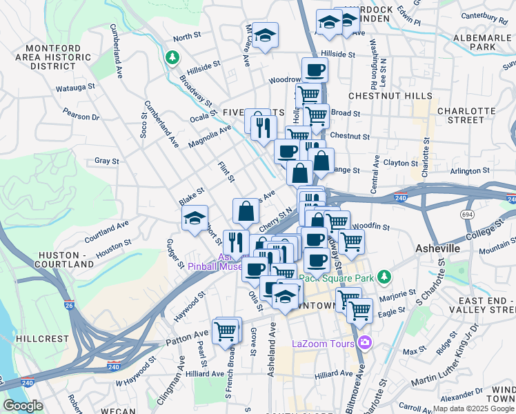 map of restaurants, bars, coffee shops, grocery stores, and more near 54 Starnes Ave in Asheville