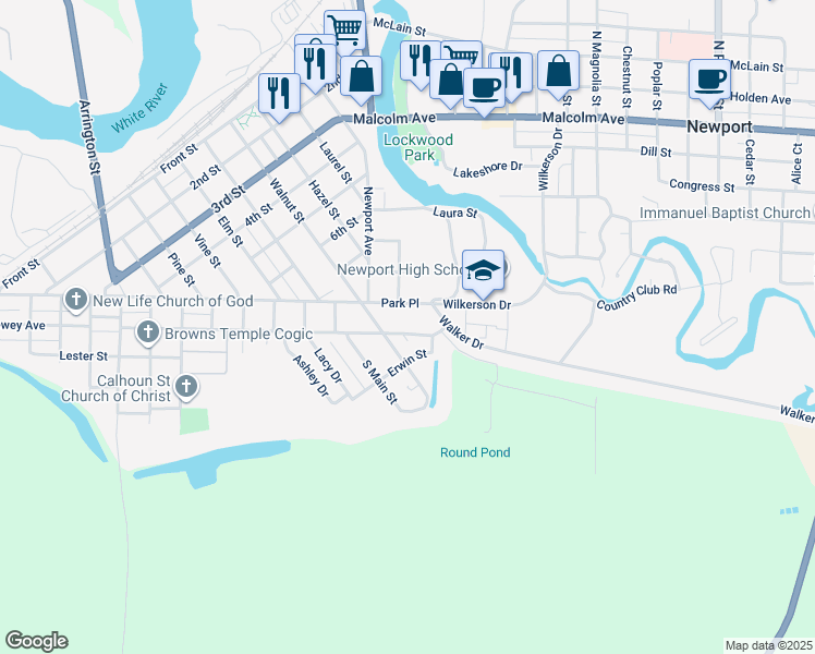 map of restaurants, bars, coffee shops, grocery stores, and more near 217 Garfield Street in Newport