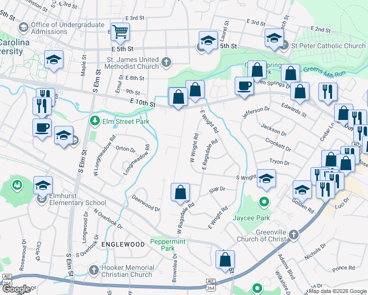 map of restaurants, bars, coffee shops, grocery stores, and more near 1105 Brownlea Drive in Greenville