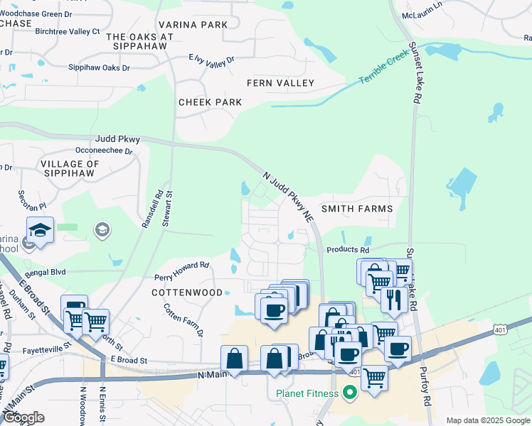 map of restaurants, bars, coffee shops, grocery stores, and more near Jackson King Road in Fuquay-Varina