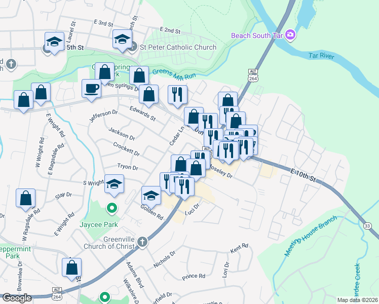 map of restaurants, bars, coffee shops, grocery stores, and more near 102 John Avenue in Greenville