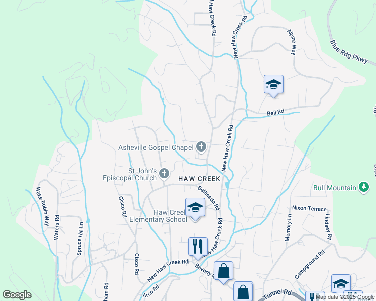 map of restaurants, bars, coffee shops, grocery stores, and more near 22 Willowbrook Road in Asheville