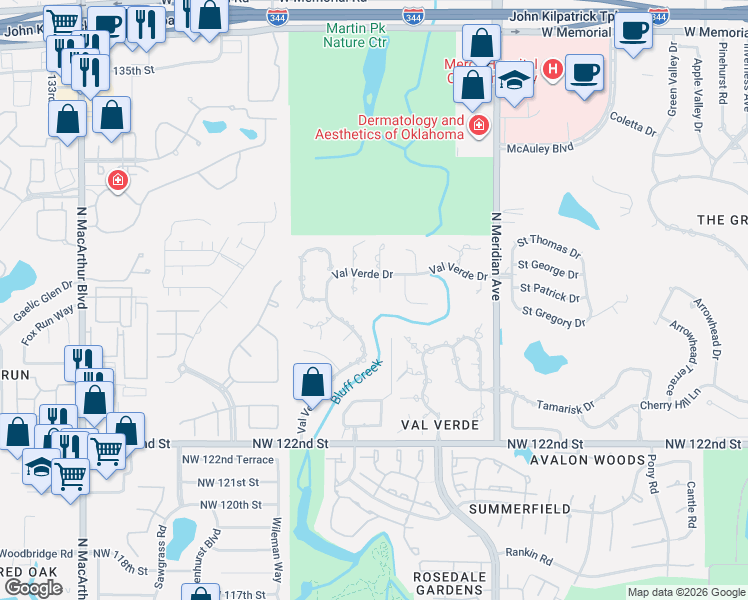 map of restaurants, bars, coffee shops, grocery stores, and more near 12801 Fox Forest Circle in Oklahoma City
