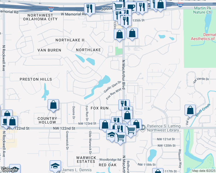 map of restaurants, bars, coffee shops, grocery stores, and more near 6019 Gaelic Glen Drive in Oklahoma City