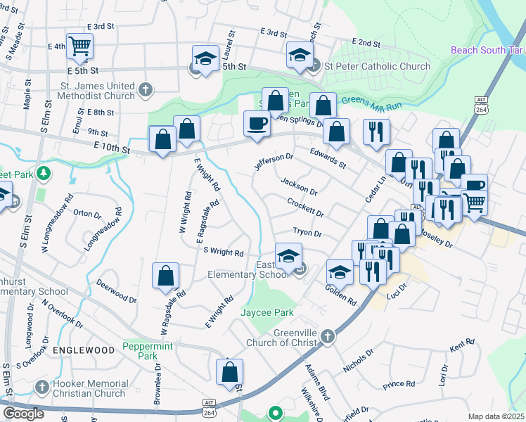 map of restaurants, bars, coffee shops, grocery stores, and more near 2400 Jefferson Drive in Greenville