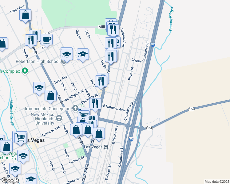 map of restaurants, bars, coffee shops, grocery stores, and more near 904 Railroad Avenue in Las Vegas