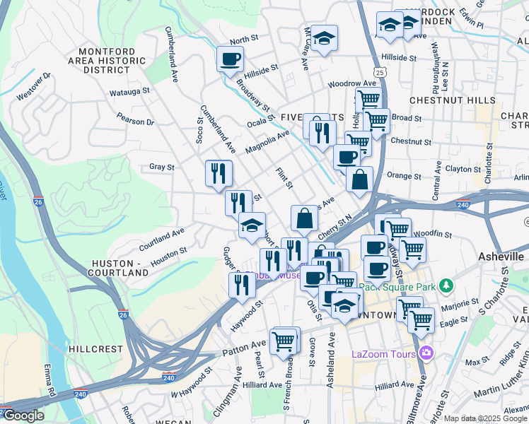 map of restaurants, bars, coffee shops, grocery stores, and more near 41 Bearden Avenue in Asheville