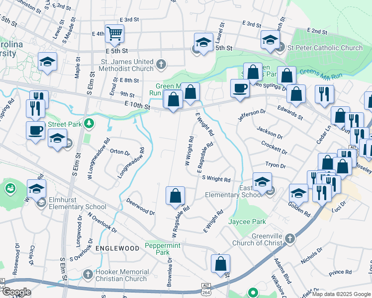 map of restaurants, bars, coffee shops, grocery stores, and more near 1022 West Wright Road in Greenville