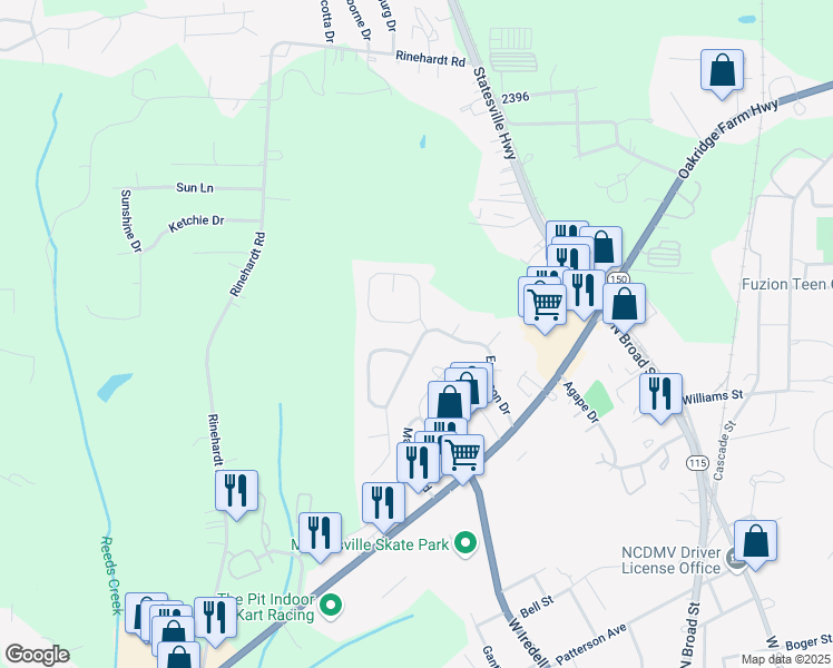 map of restaurants, bars, coffee shops, grocery stores, and more near 737 Emerson Drive in Mooresville