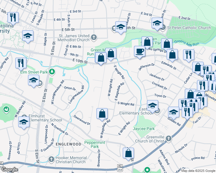 map of restaurants, bars, coffee shops, grocery stores, and more near 1022 West Wright Road in Greenville