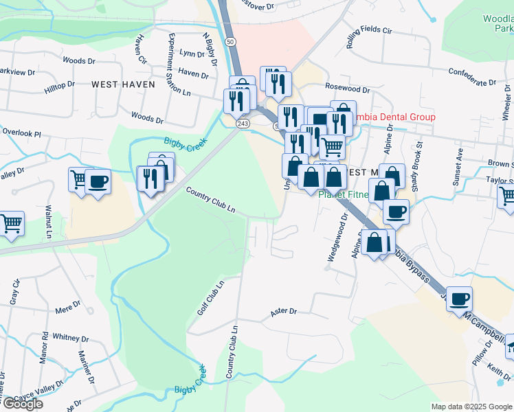 map of restaurants, bars, coffee shops, grocery stores, and more near 2050 Union Place in Columbia