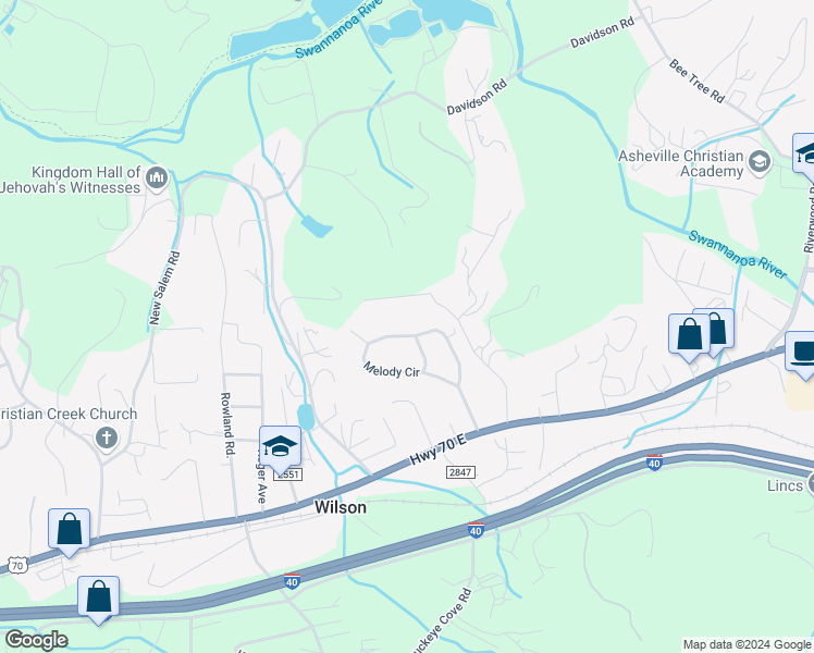 map of restaurants, bars, coffee shops, grocery stores, and more near 314 Melody Circle in Swannanoa