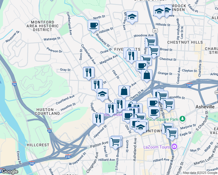 map of restaurants, bars, coffee shops, grocery stores, and more near 41 Bearden Avenue in Asheville