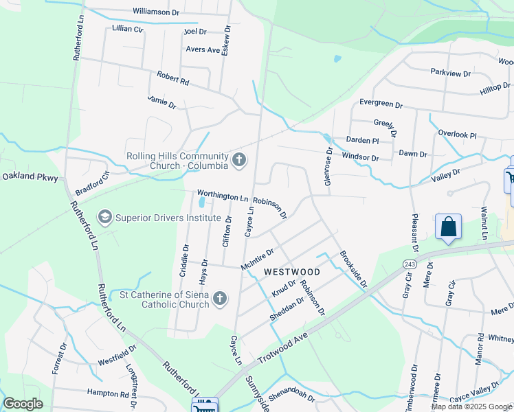 map of restaurants, bars, coffee shops, grocery stores, and more near 6014 Cayce Lane in Columbia