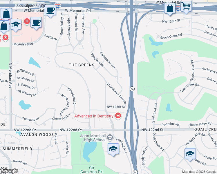 map of restaurants, bars, coffee shops, grocery stores, and more near 12712 Saint Andrews Drive in Oklahoma City