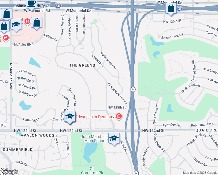 map of restaurants, bars, coffee shops, grocery stores, and more near 12712 Saint Andrews Drive in Oklahoma City