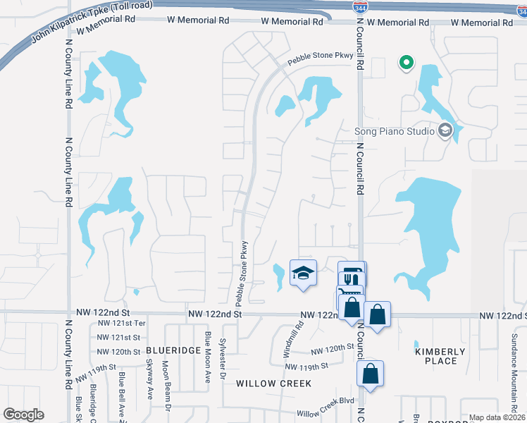 map of restaurants, bars, coffee shops, grocery stores, and more near 12724 Carriage Way in Oklahoma City