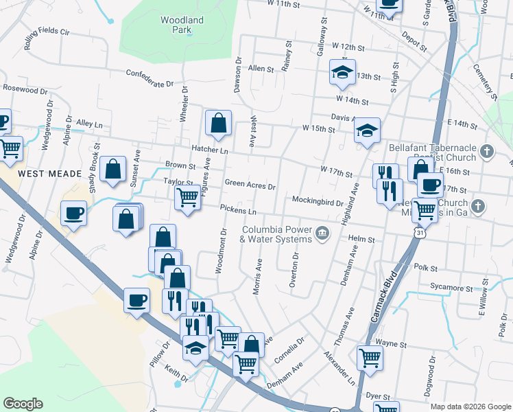 map of restaurants, bars, coffee shops, grocery stores, and more near 400 Pickens Lane in Columbia