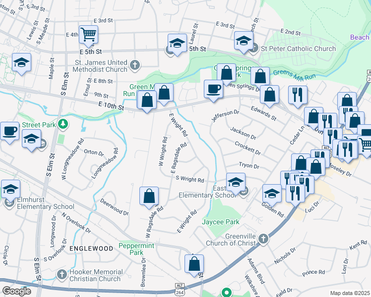 map of restaurants, bars, coffee shops, grocery stores, and more near 1104 East Wright Road in Greenville