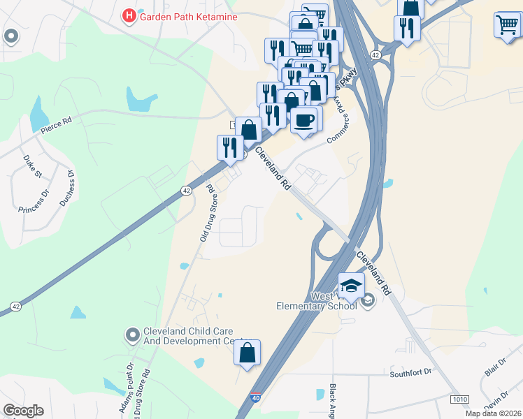 map of restaurants, bars, coffee shops, grocery stores, and more near 252 Thornwhistle Pl in Garner